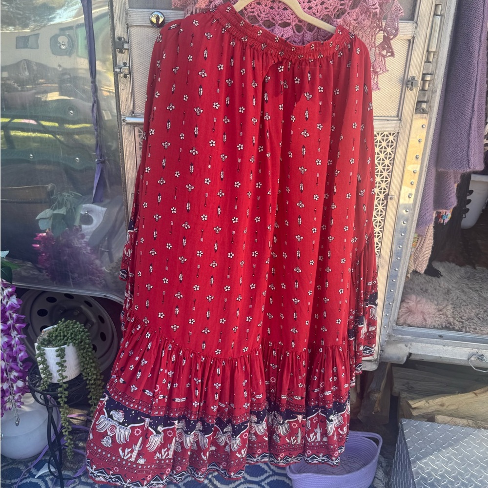 House of Skye Bohemian Southwest Red Tiered Gypsy Skirt RARE - Picture 2 of 5